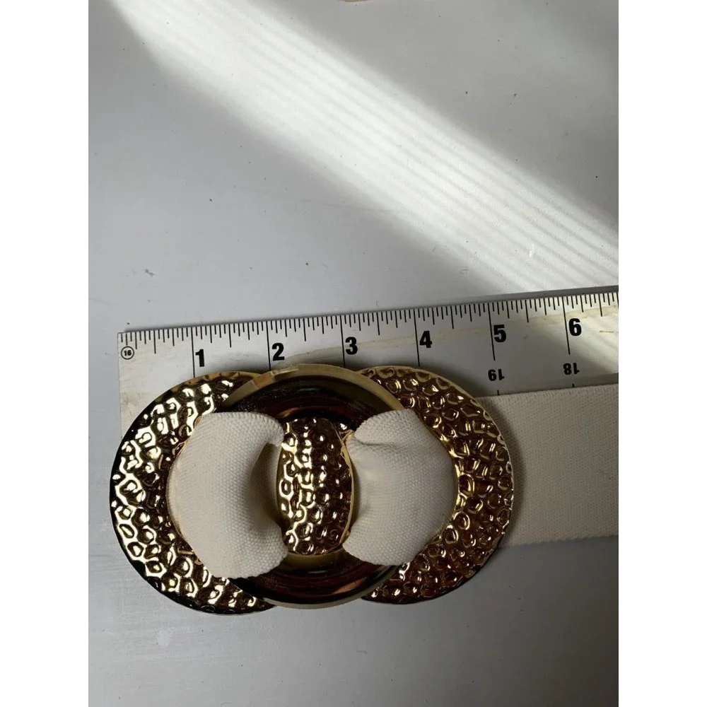 Vintage Statement Belt Womens Gold Accent White Elastic Waist 90s‎ Retro Wide